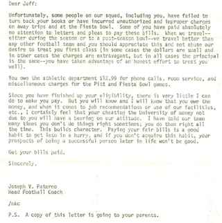 Illustration for article titled Read Joe Paterno's Disapproving Letter To A Player Who "Cheated" Penn State Out Of $12.99